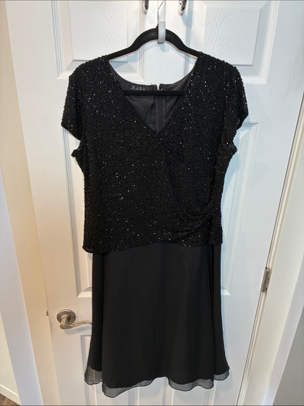 J Kara Black Beaded V-Neck Evening Dress